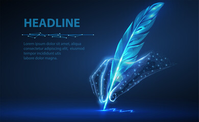 Feather in digital hand. Automatic text generator, AI writing, artificial intelligence copywriter - obrazy, fototapety, plakaty