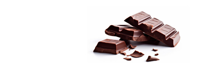 pieces of chocolate isolated on white and copy space, generative ai