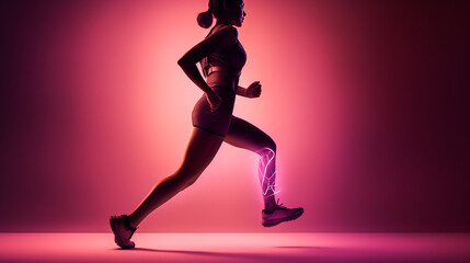 Fototapeta na wymiar Silhouette of running athlete. Abstract image of sporty woman runner jogger on red-purple form lines, point background. Dynamic movement, vide view. Generative AI. High quality illustration
