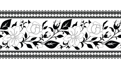 Seamless Border with Rose and Mallow Composition Inspired by Ukrainian Traditional Embroidery. Ethnic Floral Motif, Handmade Craft Art. Ethnic Design. Coloring Book Page. Vector Contour Illustration