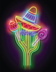 Glow Mexican cactus in sombrero with marocas. Cute singer, mariachi. Shiny Neon Poster, Flyer, Banner, Postcard, Invitation. Glossy Background. Vector 3d Illustration