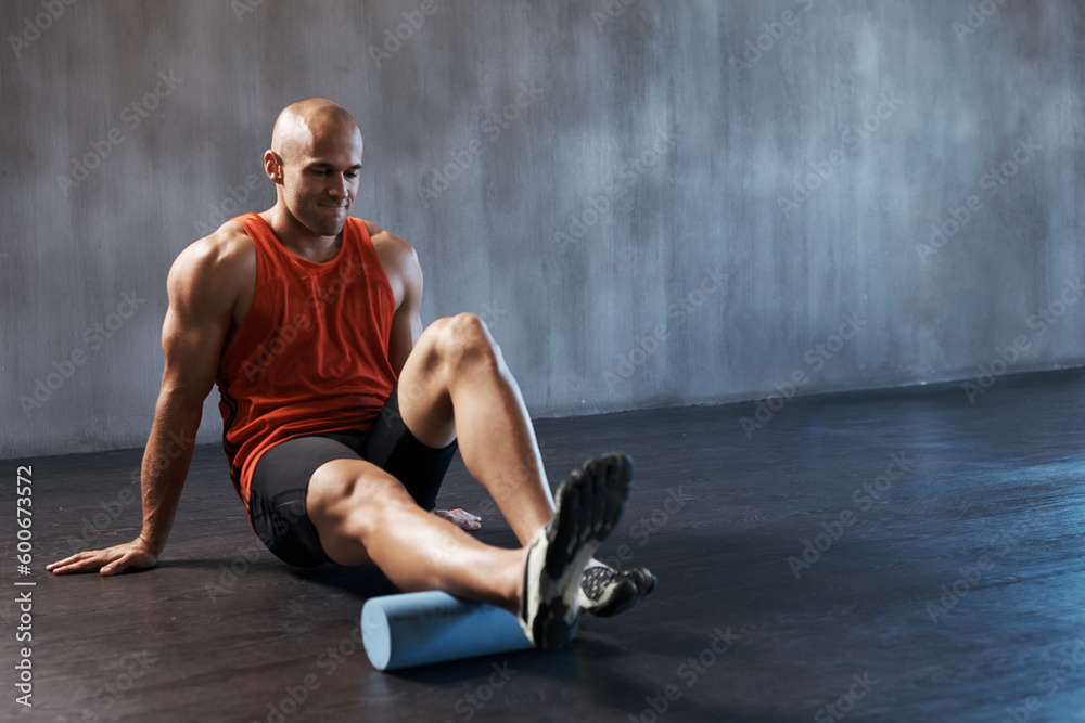 Wall mural Foam roller , mockup of man training or workout and at gym. Personal trainer or fitness pain relief, exercise and motivation. Athlete or sportsman, male person stretching or warm up and focus