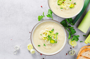 Leek Soup, Comfort Meal, Potato and Leek Creamy Soup, Vegetarian Food on Bright Background