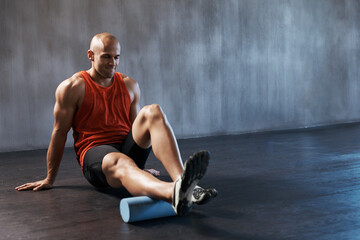 Foam roller , mockup of man training or workout and at gym. Personal trainer or fitness pain...