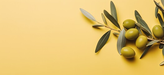 Obraz na płótnie Canvas close up olive tree branch on yellow background, idea for organic super food theme, Generative Ai