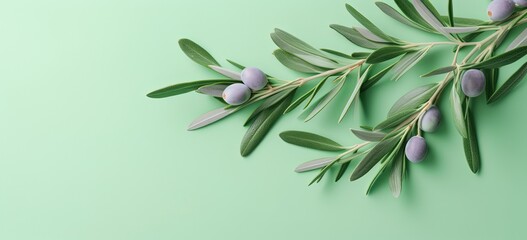 close up olive tree branch on green background, idea for organic super food theme, Generative Ai