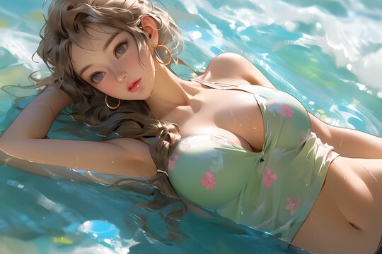 Illustration of an semi realistic anime girl on the beach, AI generative.
