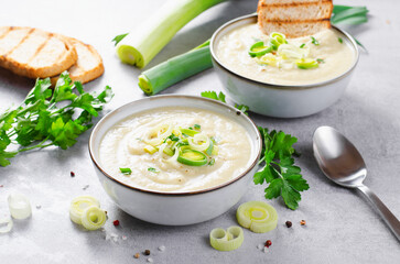 Leek Soup, Comfort Meal, Potato and Leek Creamy Soup, Vegetarian Food on Bright Background