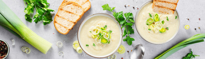 Leek Soup, Comfort Meal, Potato and Leek Creamy Soup, Vegetarian Food on Bright Background