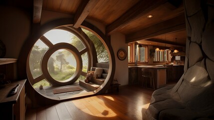 Luxury hobbit house interior with bright windows,AI generated
