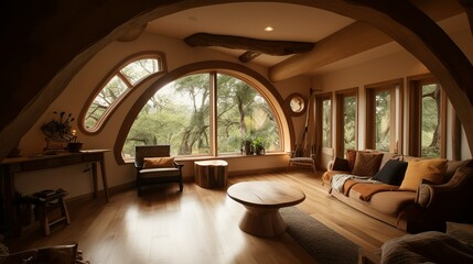 Comfy and cozy wooden hobbit house interior with stucco and thatched roof ,AI generated - obrazy, fototapety, plakaty