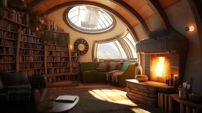 Comfy and cozy wooden hobbit house interior with timber-frame ,AI generated