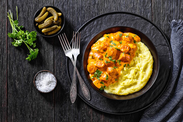 nakkikastike, finnish sausage in sauce, top view