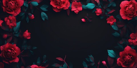 rose flower border on black background, abstract flora banner, Generative Ai