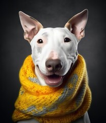 cute smiling Bull Terrier with scarf in a grey background, portrait created by generative AI technology.