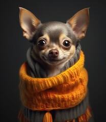 cute smiling Chihuahua dog with scarf in a grey background, portrait created by generative AI technology.