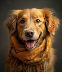 cute smiling Hovawart dog with scarf in a grey background, portrait created by generative AI technology.