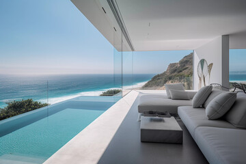 Obraz na płótnie Canvas Modern Interior Designed House with an Ocean View - Generative Ai