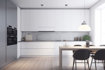 white home nobody apartment interior contemporary kitchen house chair modern design. Generative AI.