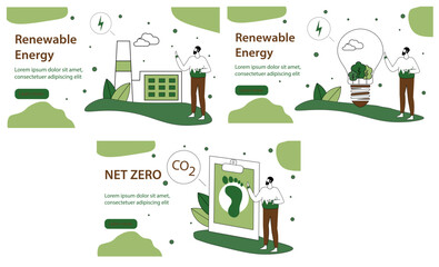Sustainability illustration set. ESG, green energy, sustainable industry with windmills and solar energy panels. Environmental, Social, and Corporate Governance concept. Vector illustration