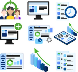 set of icons for websites benefits, seo promotion and crm system colored