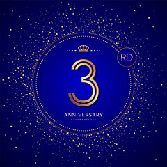 3rd anniversary logo with gold numbers and glitter isolated on a blue background