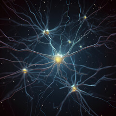 Neuronal network with electrical activity of neuron cells AI generated illustration. Neuroscience, neurology, nervous system and impulse, brain activity, microbiology concepts.