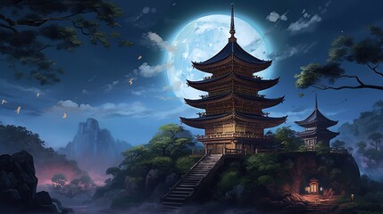 illustration of big pagoda tower in full moon night, Generative Ai