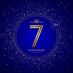 7th anniversary logo with gold numbers and glitter isolated on a blue background