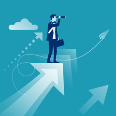 Look forward. Vision business concept. Successful businessman looking in telescope, seeing future. Vector design. Isolated on background. Spyglass in hand. Search solution. Forward looking person.