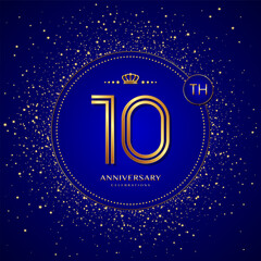 10th anniversary logo with gold numbers and glitter isolated on a blue background