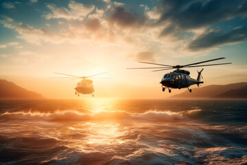 Fototapeta war helicopters over flying the sea, generative ai obraz