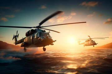 Fototapeta na wymiar war helicopters over flying the sea, generative ai