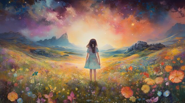 illustration of a girl standing in flower field under starfield sky, idea for hope and faith, Generative Ai