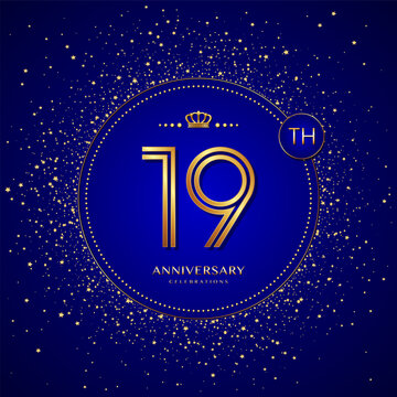 19th anniversary logo with gold numbers and glitter isolated on a blue background