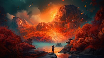 illustration of a man walking on way to the erupted volcano, Generative Ai