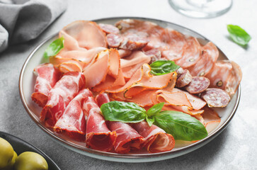 Cured Meat Platter, Antipasto Set, Appetizer Variety on Plate over Concrete Background