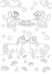 Enamored unicorns and cats with wings. Coloring book page for kids. Valentine's Day. Cartoon style character. Vector illustration isolated on white background.