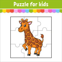 Puzzle game for kids. Giraffe animal. Jigsaw pieces. Color worksheet. Activity page. Isolated vector illustration. Cartoon style.