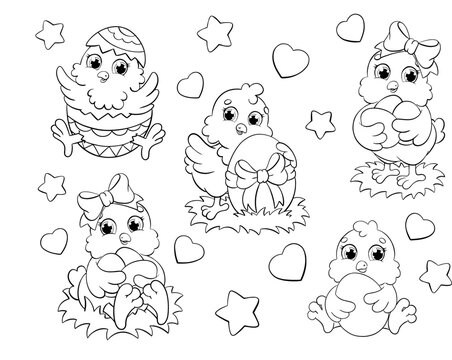Set of cute Easter chickens. Farm birds. Coloring book page for kids. Cartoon style character. Vector illustration isolated on white background.