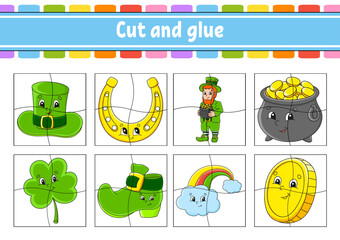 Cut and play. Paper game with glue. Flash cards. Education worksheet. Activity page. St. Patrick's Day. Isolated vector illustration. cartoon style.