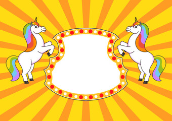 Two cute unicorns reared up. Cartoon style. Color bright illustration. With place for your text. For circus advertisements, advertising.