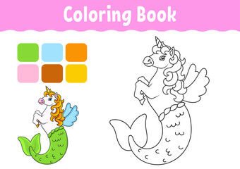Coloring book for kids. Cute mermaid unicorn. Cheerful character. Vector illustration. Cute cartoon style. Fantasy page for children. Black contour. Isolated on white background.