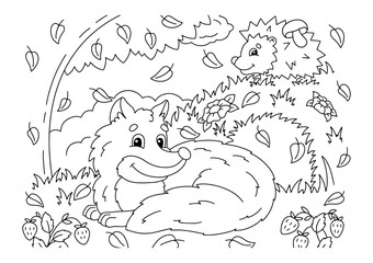 Fox and hedgehog in a forest clearing. Coloring book page for kids. Cartoon style character. Vector illustration isolated on white background.