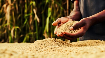 An African farmer's weathered hands inspect and hold his bountiful, sustainably grown crop with pride.