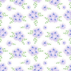 Hand drawn watercolor blue abstract daisy seamless pattern on white background. Gift-wrapping, textile, fabric, wallpaper.