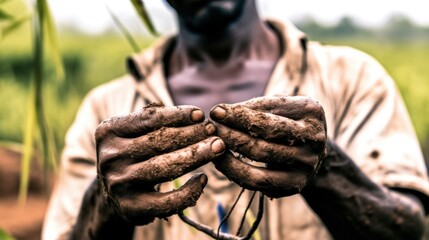An African farmer's weathered hands inspect and hold his bountiful, sustainably grown crop with pride.