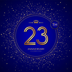 23th anniversary logo with gold numbers and glitter isolated on a blue background