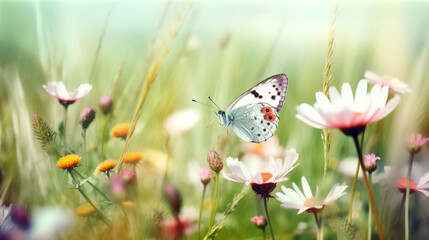 Butterfly and flowers on the grass, in the style of dreamy atmosphere. Generative AI.