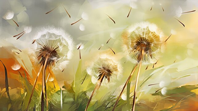 illustration of close up dandelion seed fly with wind blow, Generative Ai